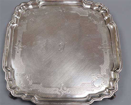 A silver salver with shaped square edge, Goldsmiths & Silversmiths Co Ltd, London 1907, 23 oz.